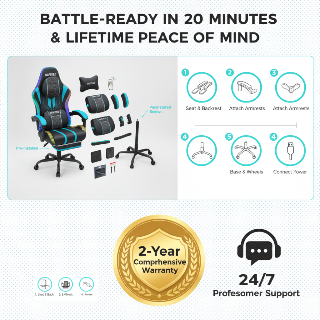 Hoffree RGB LED Gaming Chair Bluetooth Speaker Ergonomic Massage Lumbar High Back Recliner with Footrest 400lbs Heavy Duty Big Tall PU Leather Swivel Computer Desk Seat for Adults Hoffree