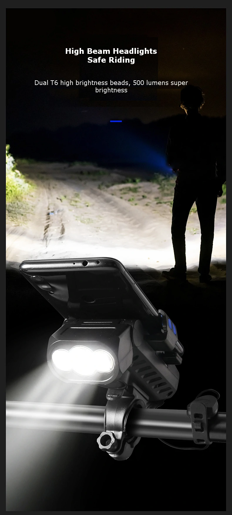 4 in 1 500Lm Brightness Bike Headlight 3000mAh Battery IPX6 Waterproof 3 Light Modes 120° Rotation Power Bank Phone Holder with 130db Horn for Night Cycling