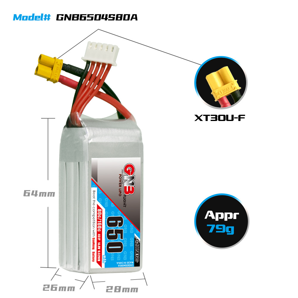 Gaoneng GNB 14.8V 650mAh 80C 4S LiPo Battery XT30U-F Plug for RC Drone