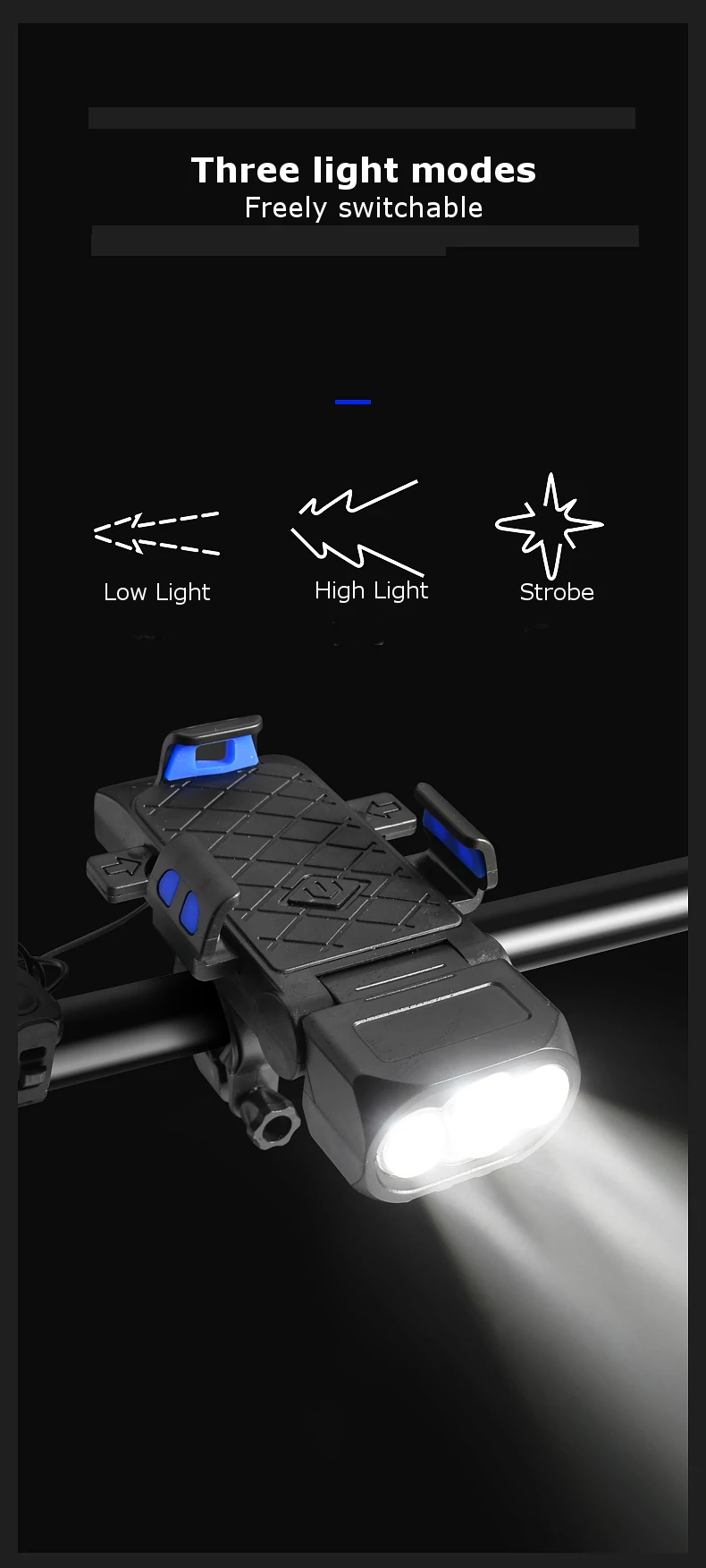 4 in 1 500Lm Brightness Bike Headlight 3000mAh Battery IPX6 Waterproof 3 Light Modes 120° Rotation Power Bank Phone Holder with 130db Horn for Night Cycling