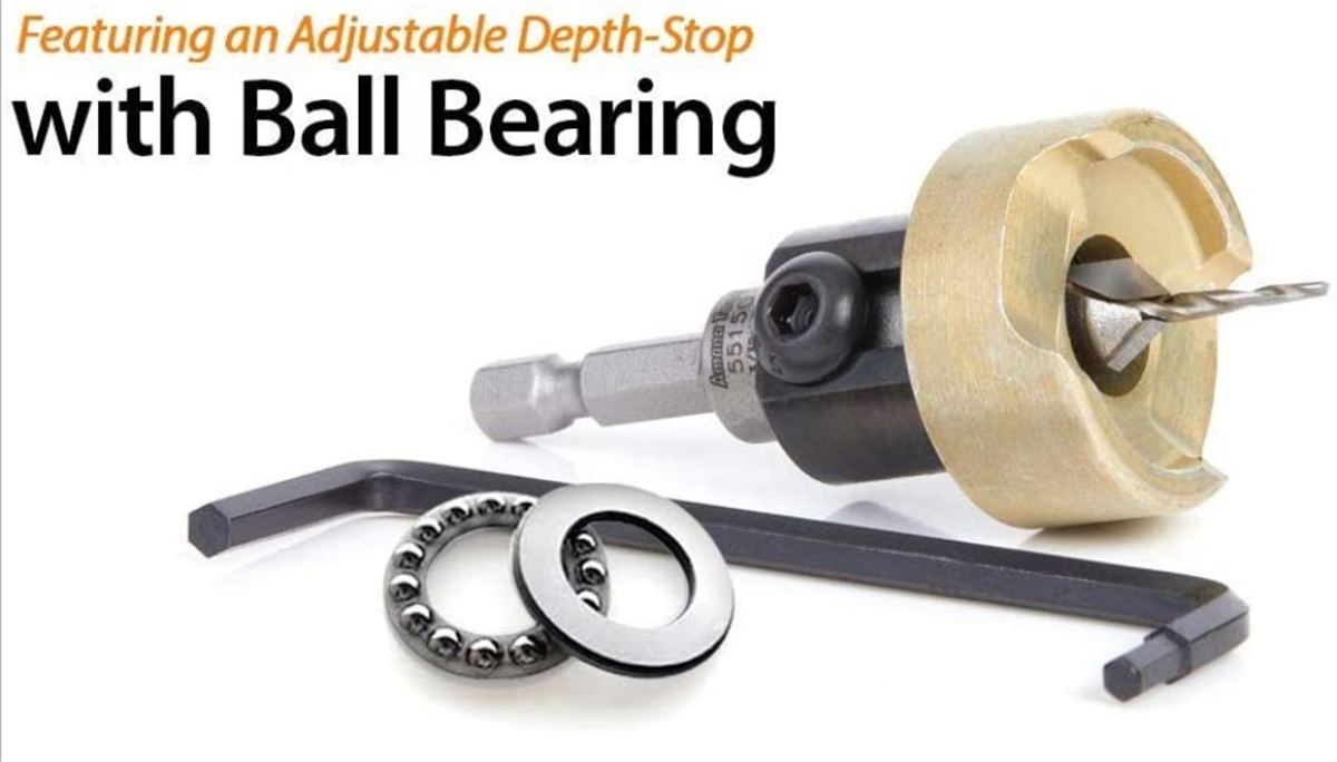 82 Degree Woodworking Countersink Drill Bits Carbide Tipped with Adjustable Depth Stop No Thrust Ball Bearing