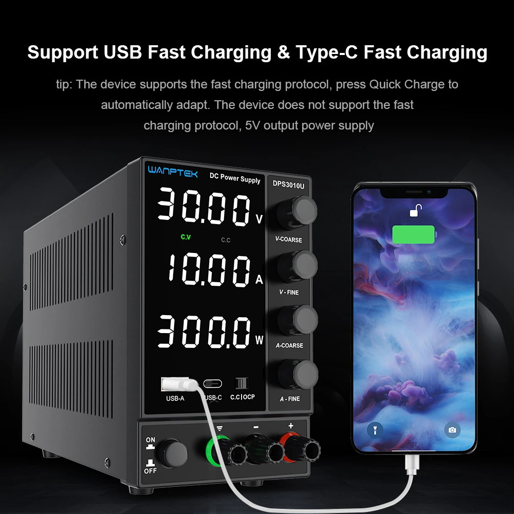 WANPTEK DPS3010U Solid-state Adjustable Regulated DC Power Supply, 30V 10A, Encoder Adjustment, USB Type-C Fast Charge, 4-Digit Display, Low Ripple, Low Noise, Cooling Fan Black - EU Plug