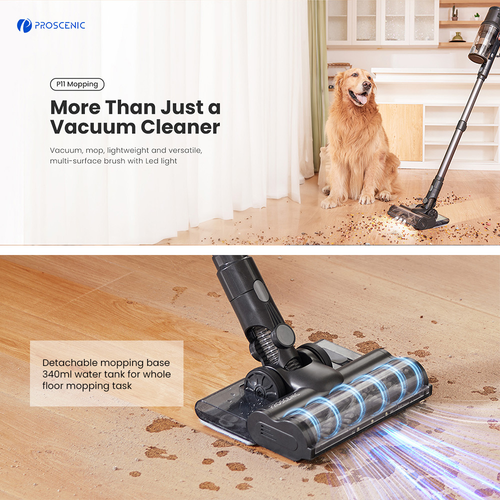 Proscenic P11 Mopping Cordless Vacuum Cleaner 35KPa Suction 0.65L Dustbin  5-Stage Filtration System 2000mAh Detachable Battery