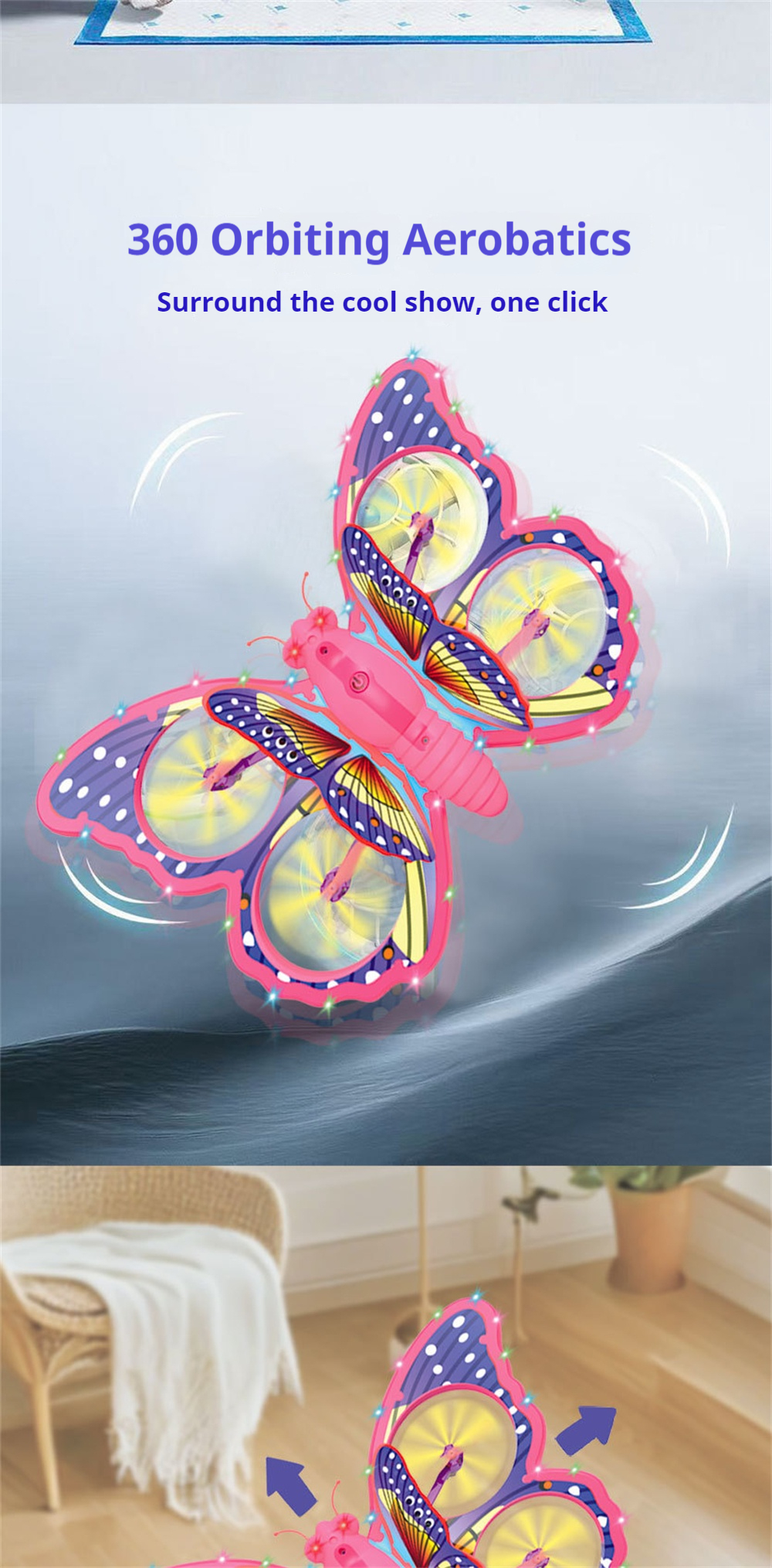 E0-25 Flying Glitter Butterflying Intelligent Gravity Sensor Obstacle Altitude Hold Mode 360° Filp Colorful LED Lighting 2.4G 4CH RC Toys Kids Gift Drone Quadcopter RTF