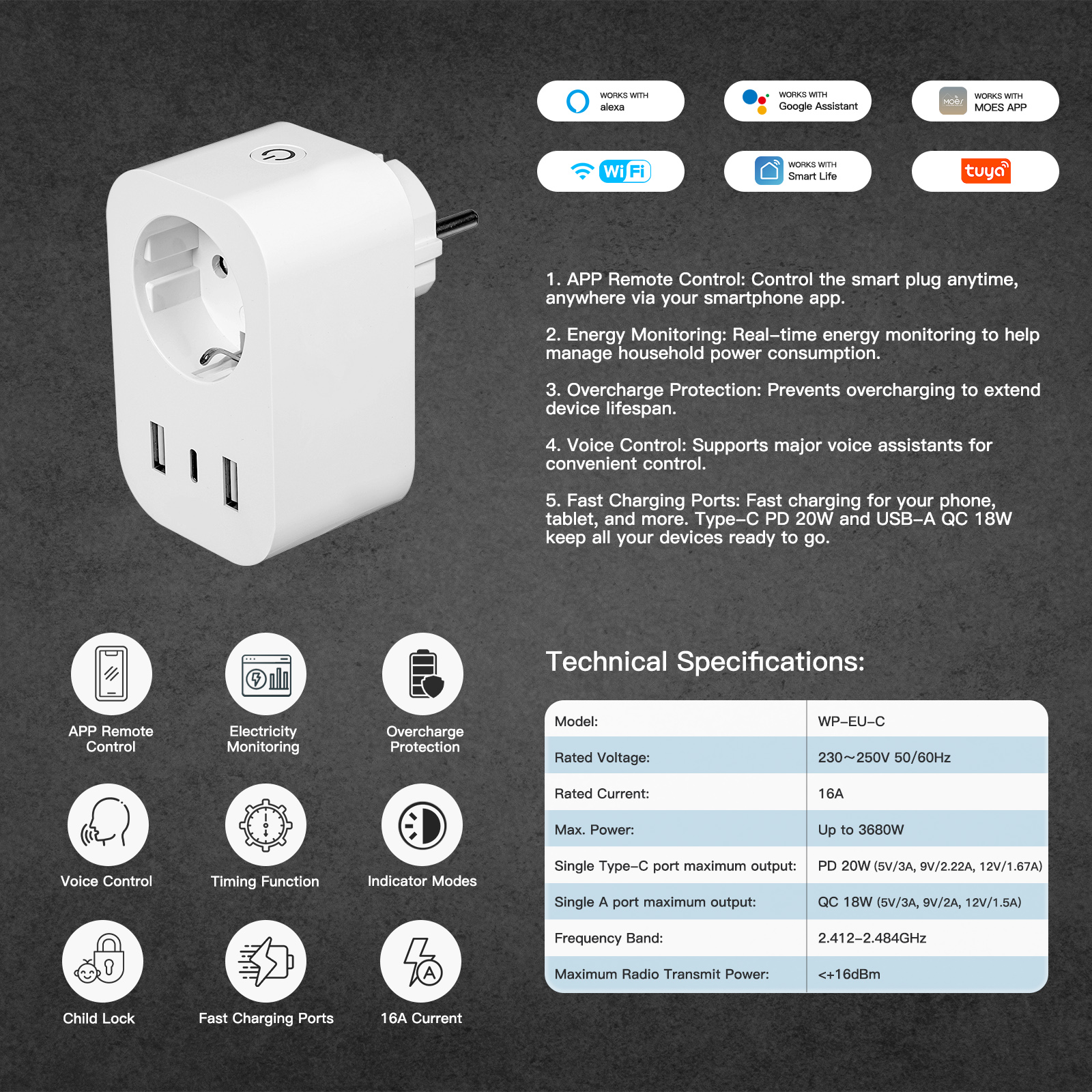 Smart Socket EU 16A 20A AC240V Wifi Smart Plug Power Outlet Alexa Google Home Voice Control
