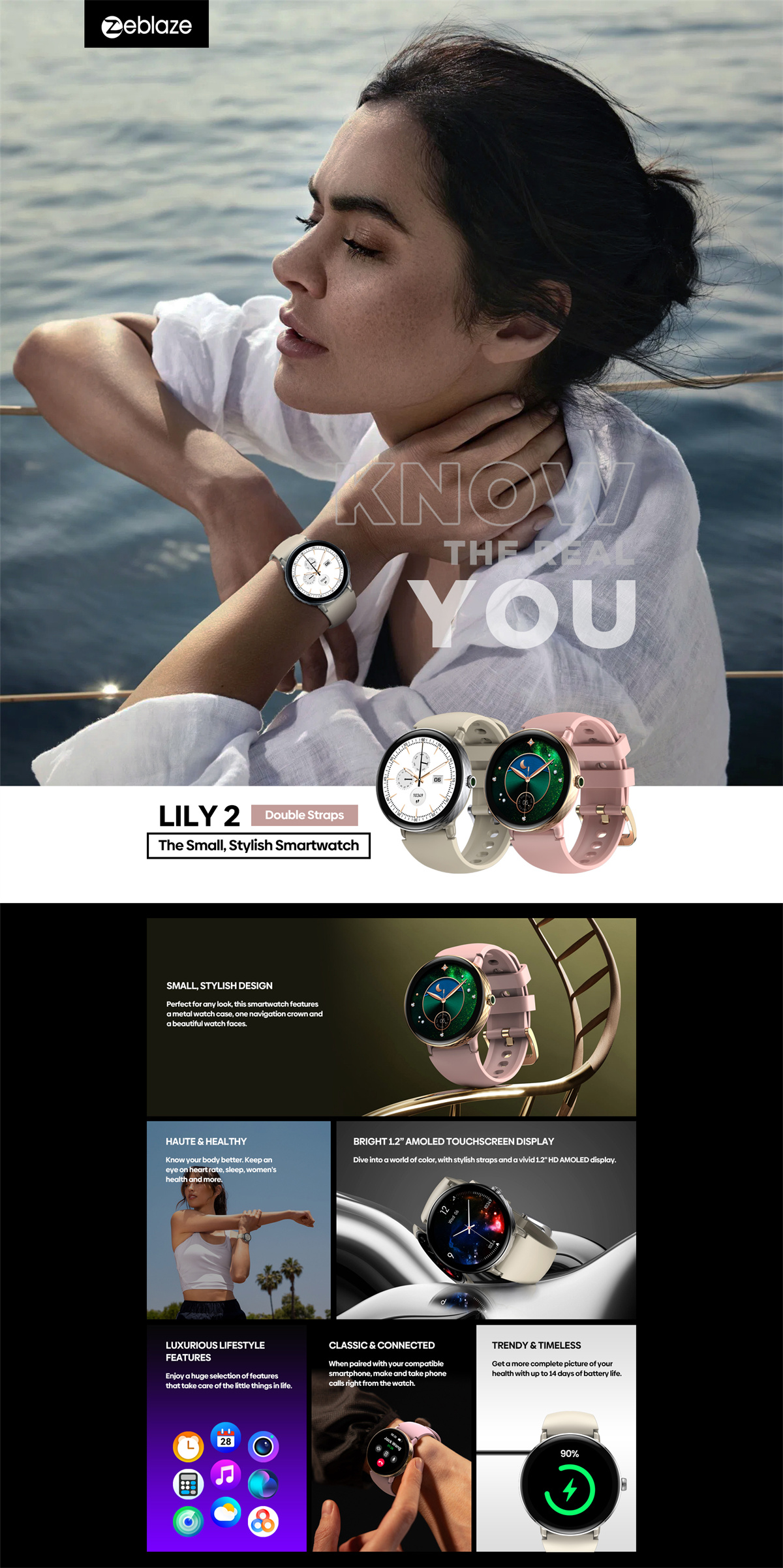 [World Premiere]Zeblaze Lily 2 1.2inch AMOLED Double Straps bluetooth Call Heart Rate Blood Pressure Blood Oxygen Monitor Sleep Monitoring Breathe Training Women's Health Multi-sport Modes IP68 Waterproof Smart Watch