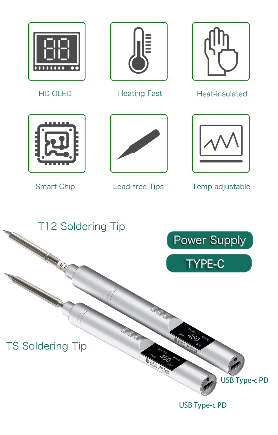 PTS200 V2 100W Electric Soldering Iron Portable Quick Warm-Up Tin Melting Open Source Supports PD3.0 Firmware Upgradeable Battery Not Included T12/TS100 Compatible