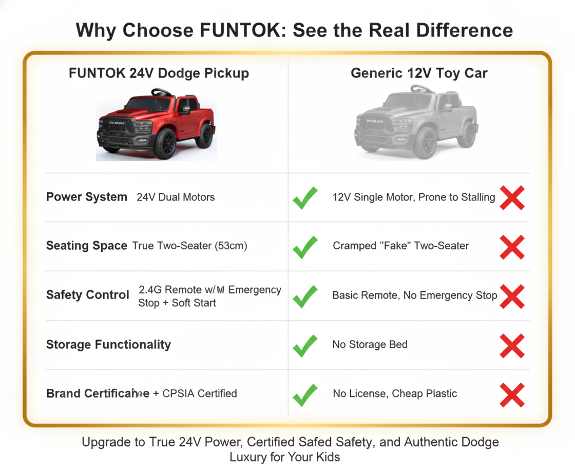FUNTOK Licensed RAM Kids Ride on Car 24V 2 Seater Electric Pickup Truck 2.4G Remote Control Battery Powered Vehicle LED Lights Bluetooth Music Storage Trunk Toddler Boys Girls Outdoor Gift