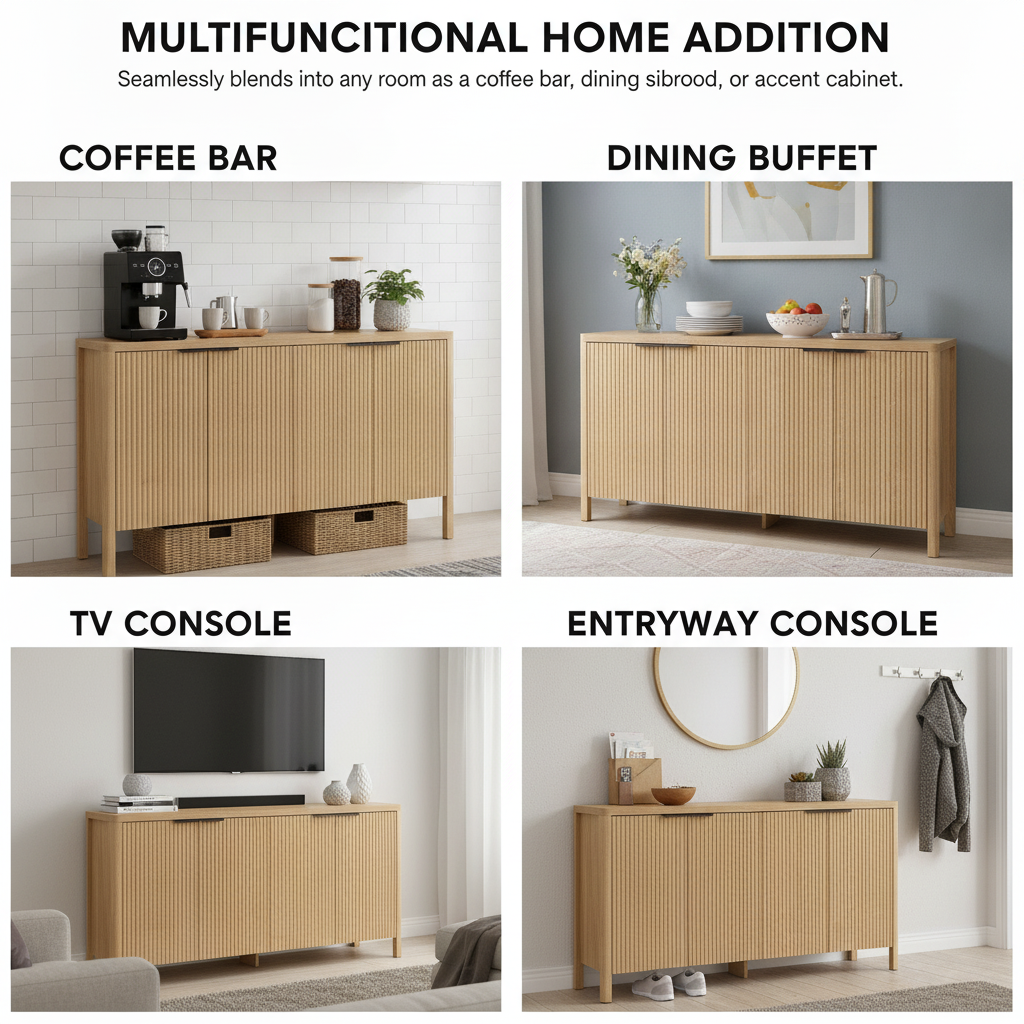 Moderne gefluteerde zijdebuffet met houten opbergruimte en verstelbare planken, zacht sluitend, eethoekbuffet, ant tipping, koffiebar, console voor woonkamer en hal, Hommpa