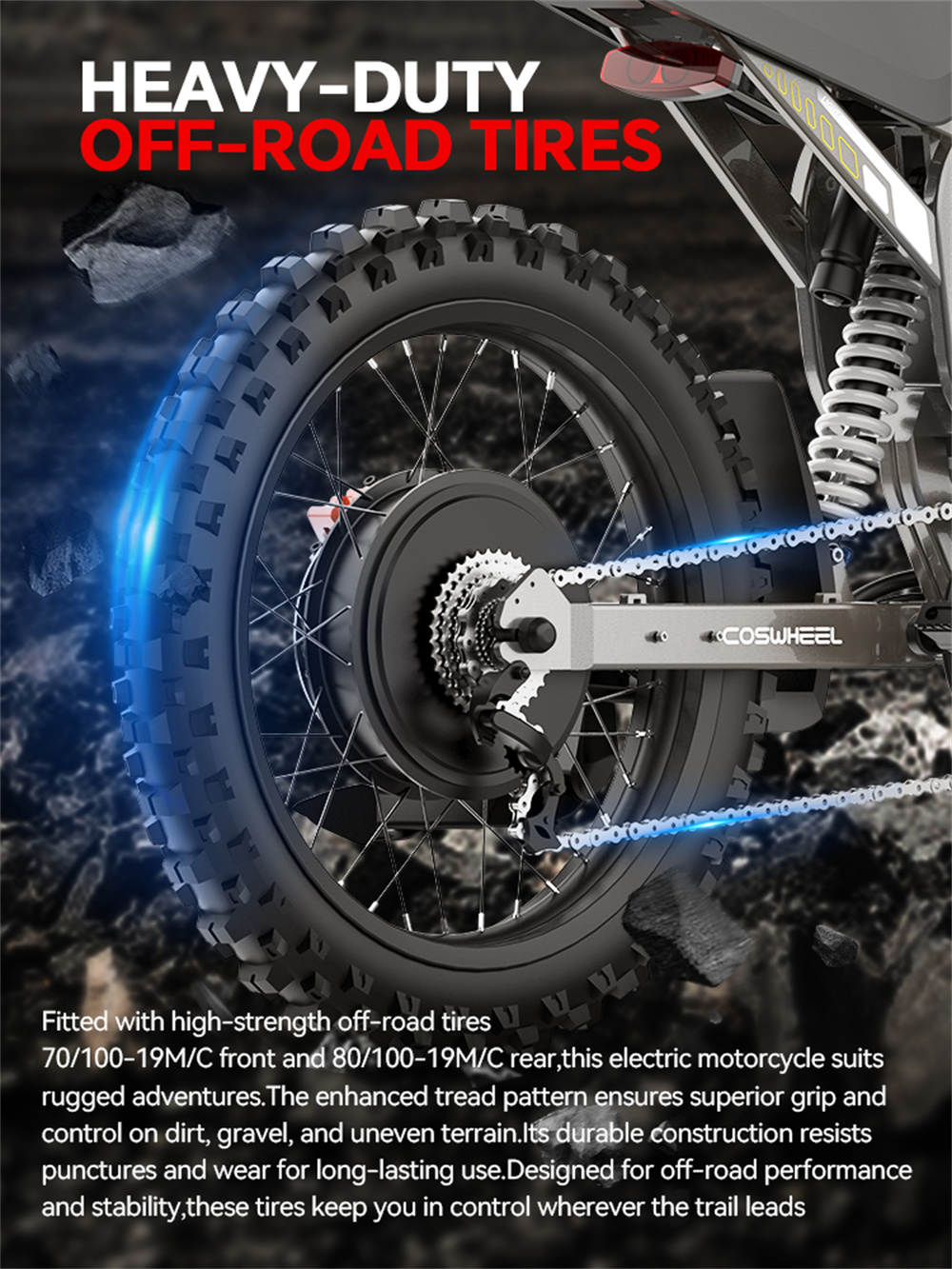 [USA DIRECT] COSWHEEL R19 Electric Bike 72V 40AH 3000W(Peak 6000W) Motor Recommended Top Speed 25KM/H Front Tires: 70/100-19,Rear Tires: 80/100-19 Tire 200KM Max Mileage 120KG Max Load Electric Bicycle