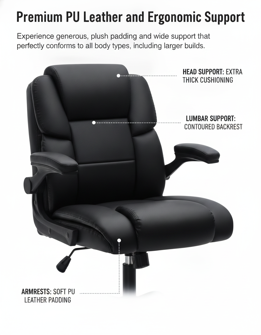 Executive Office Chair Computer Desk Chair Heavy Duty Big Tall Flip Up Armrest Pocket Spring PU Leather Metal Frame Swivel Ergonomic Home Hoffree