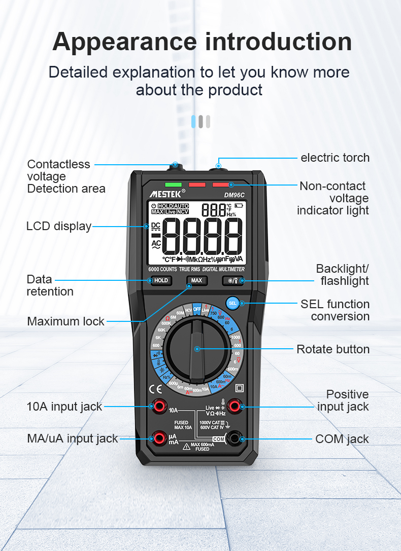 MESTEK TRMS Large Au-to Digital Multimeter Auto Range Fast Accurately Measures Multimetro 1000V 10A AC DC Ohm Hz NCV Live Voltage Meter