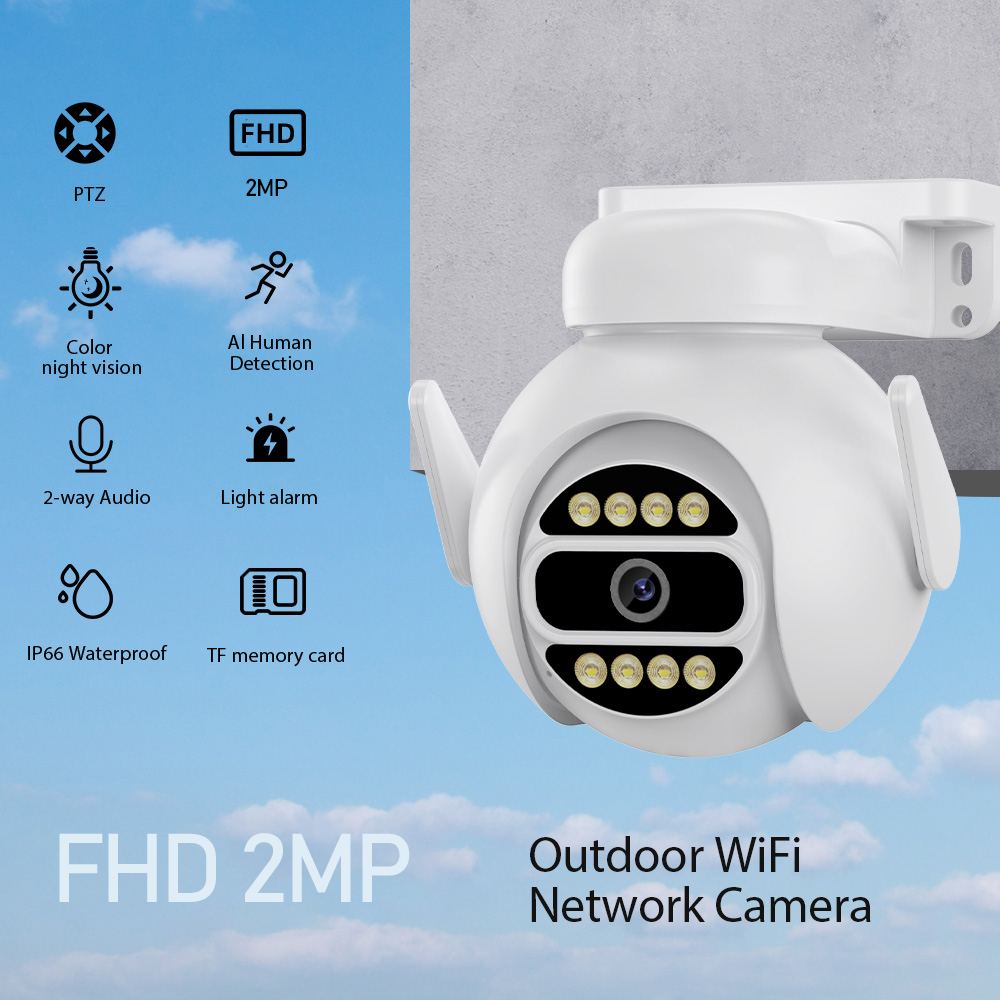 2MP Full HD Outdoor WiFi Network Camera Outdoors PTZ Color Night Vision Human Detection 2-way Audio IP66 Floodlight Cameras for Home Monitoring Security Precaution