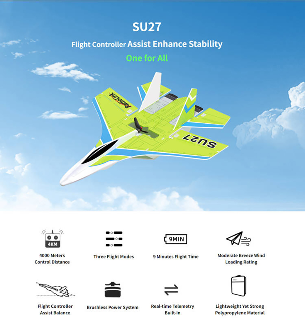 RadioLink SU27 Fighter 400mm Wingspan PP Magic Board 4KM Control Distance 4000KV Brushless Motor RC Airplane Fixed Wing RTF Gyroscope Assist for Beginners