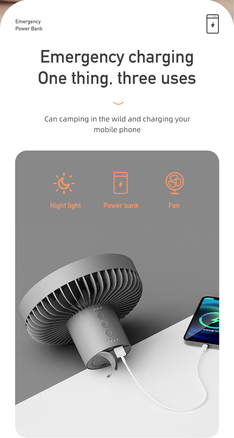DQ212 High-End Outdoor Camping Fan with Night Light USB  Portable Camping Tent Fan 10000mAh Battery - Ideal for Outdoor Activities and Sports