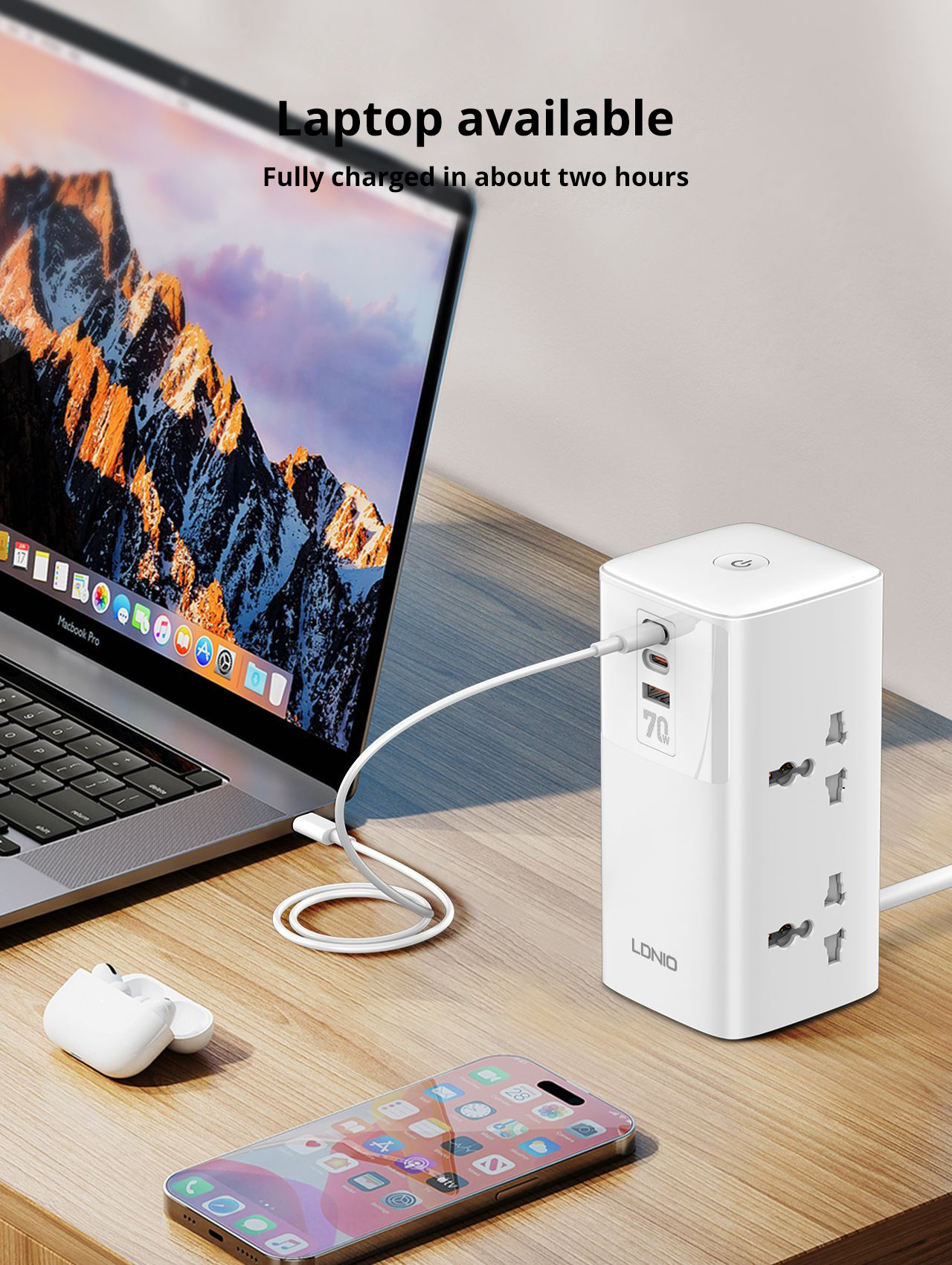 LDNIO SC4383 70W 7-Port USB PD Charger 4 Universal Socket+USB-A+2 USB-C PD QC3.0 PPS SCP Fast Charging Vertical Desktop Charging Station EU Plug US Plug for iPhone 15 14 13 for Huawei Pura70 Ultra for Samsung Galaxy S24 for Macbook Pro