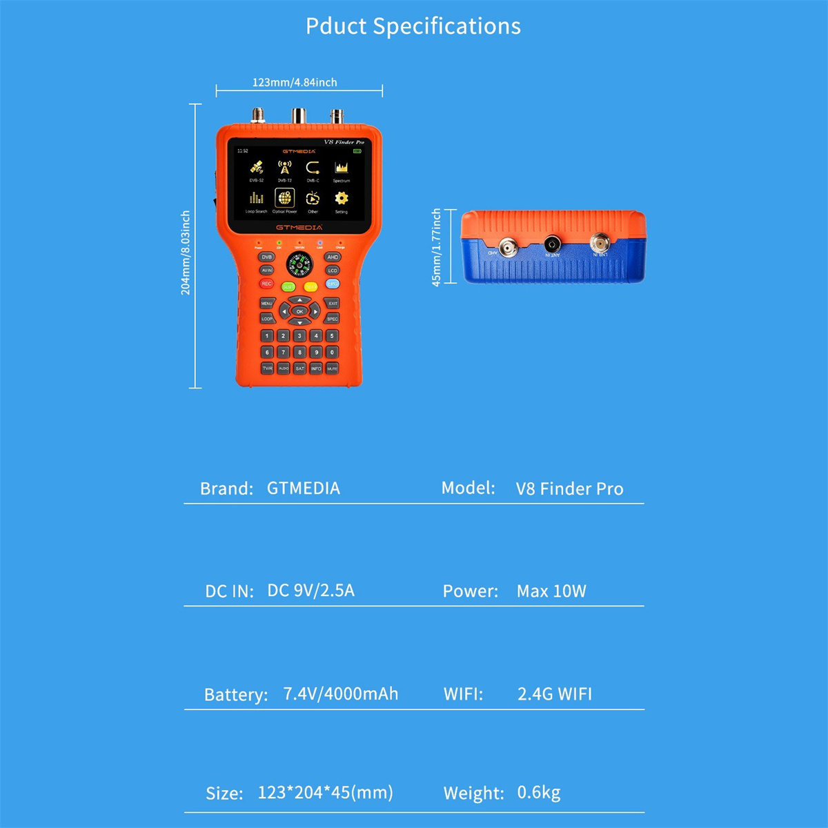 GTMEDIA V8 Finder Pro TV Signal Finder Meter DVB-S/S2/S2X/T/T2/C Signal Receiver 4.3-inch LCD Dispaly H.265 Auto Calculate Angle 4000mAh Battery