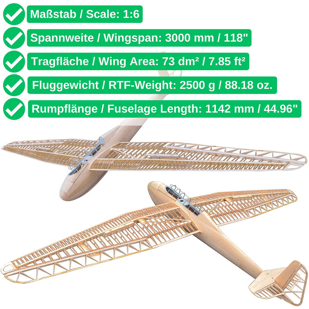 Tony Ray's Aero Model DFS Kranich 3000mm Wingspan 1/6 Scale Balsawood RC Airplane Glider KIT