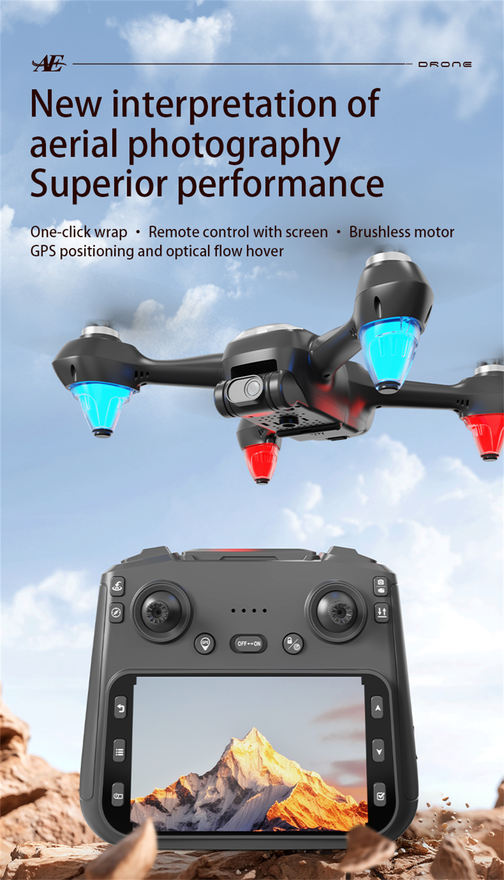 AE9 GPS 5G WiFi FPV with 5.9inch LCD Screen Controller HD Dual Camera Optical Flow Positioning LED Light Brushless 2.4G Remote Control RC Drone Quadcopter RTF