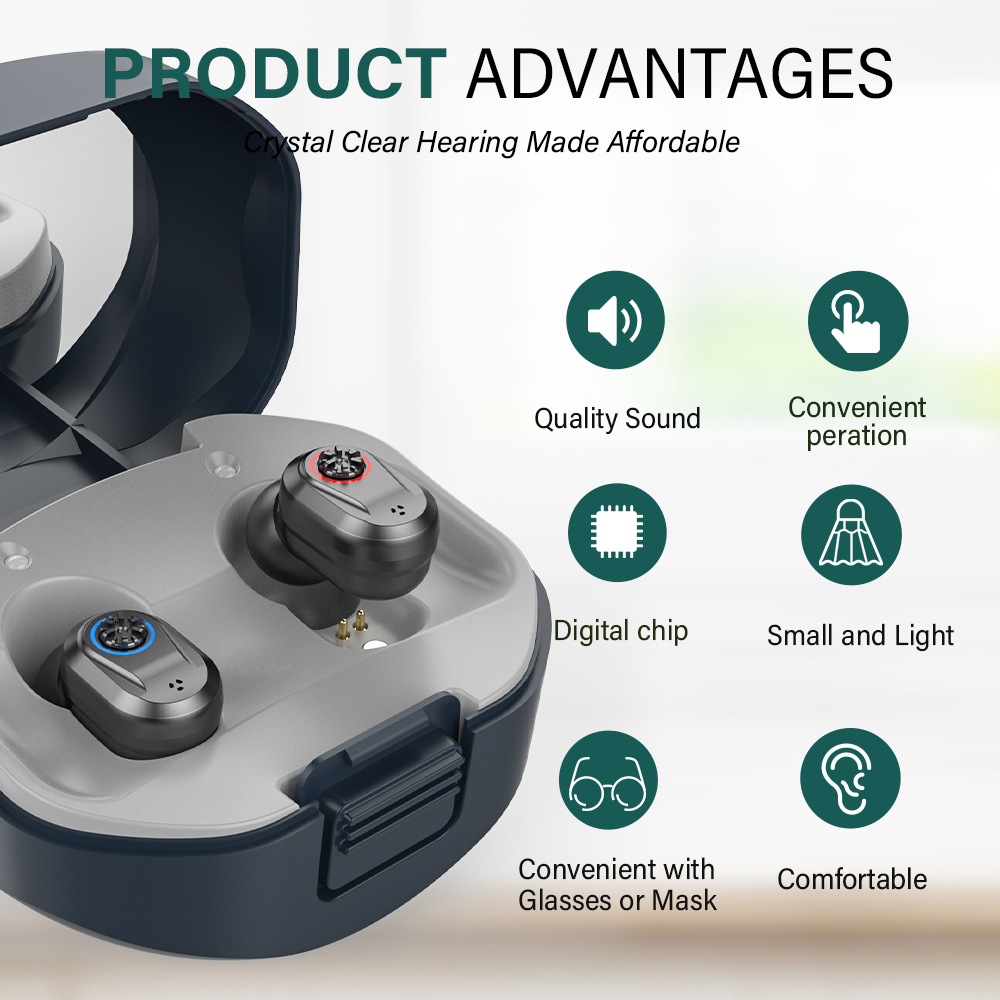 Rechargeable Hearing Aids Sound Amplifiers with Portable Charging Case Noise Cancelling Volume Adjustable  for The Elderly
