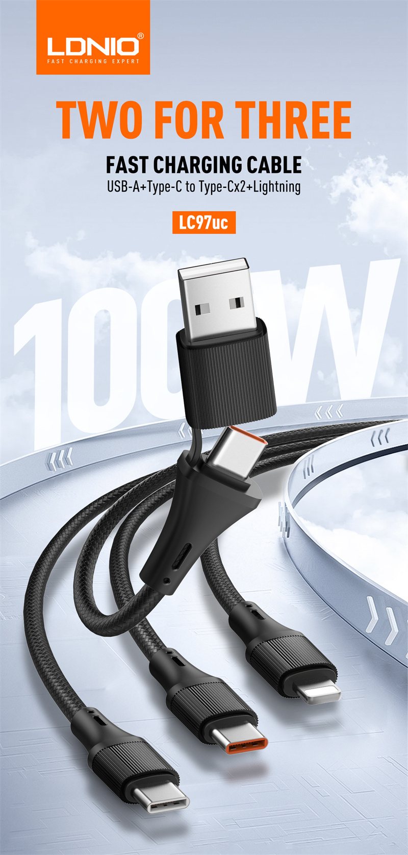 LDNIO LC97uc 100W USB-A/Type-C to Type-Cx2/iP Cable PD QC3.0 Fast Charging Data Transmission Copper Core Line 1.2M Long for iPhone 16 15 14 Pro Max for Huawei Mate XT for Samsung Galaxy Z Flip6