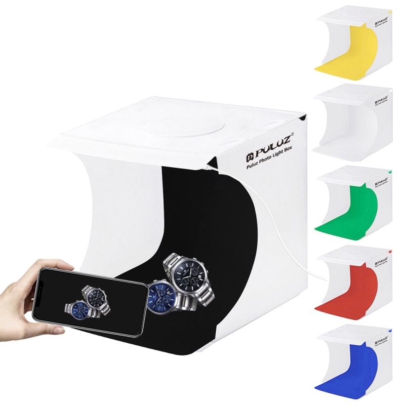 PULUZ 24cm×23cm×22cm Mini Photography Light Box Portable Folding LED Studio with 6 Colors Backdrops