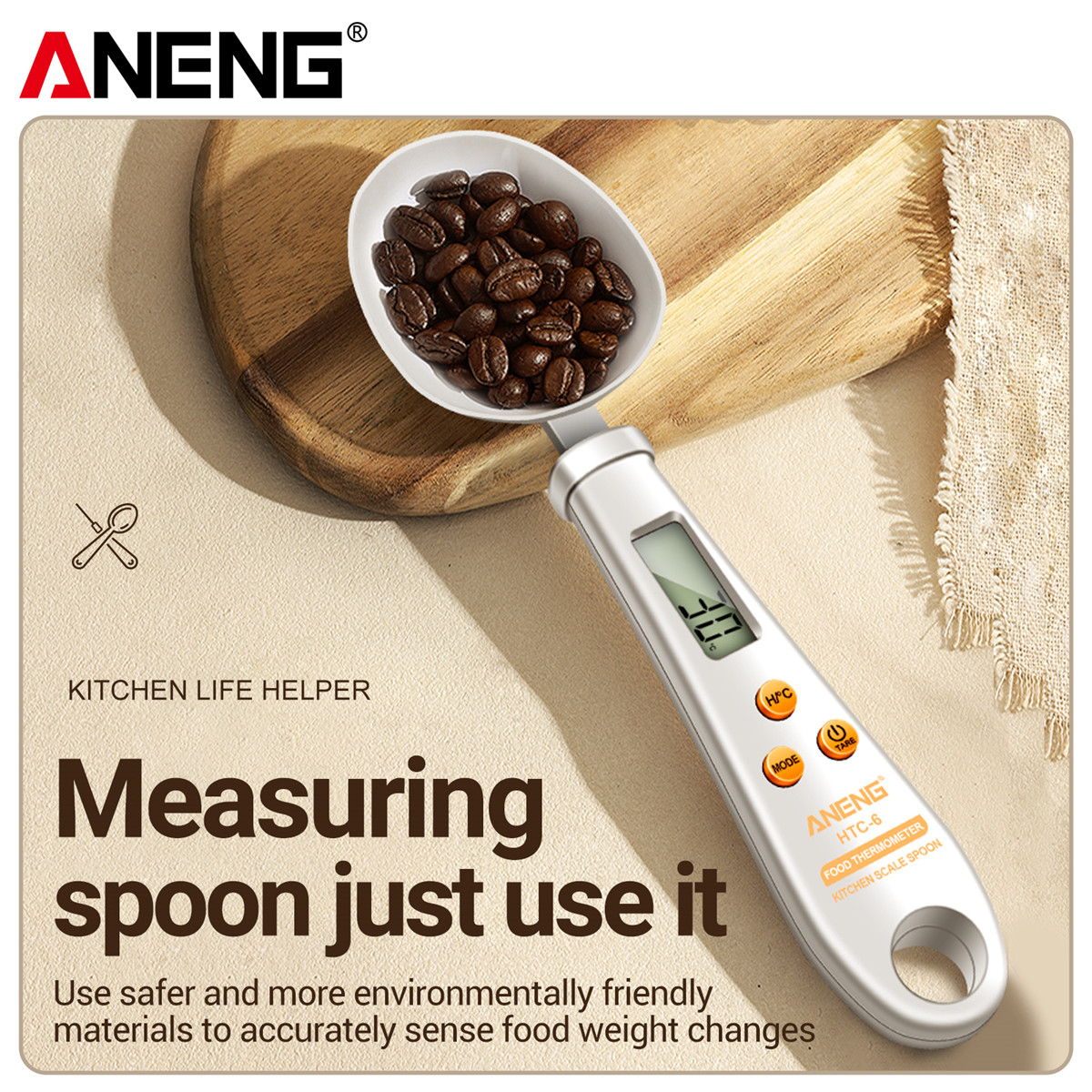 ANENG HTC-6 Multifunctional Kitchen Tool Electronic Weighing Spoon with Integrated Food Thermometer Precise Gram/Ounce/Pound Conversion Durable ABS and Stainless Steel