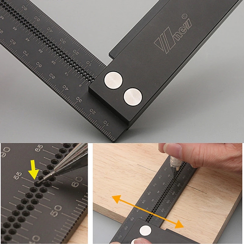 Wnew MM/Inch Precision Woodworking Square Aluminum Alloy Ruler Carpenter Line Drawing Marking Gauge Hole Scribing Ruler