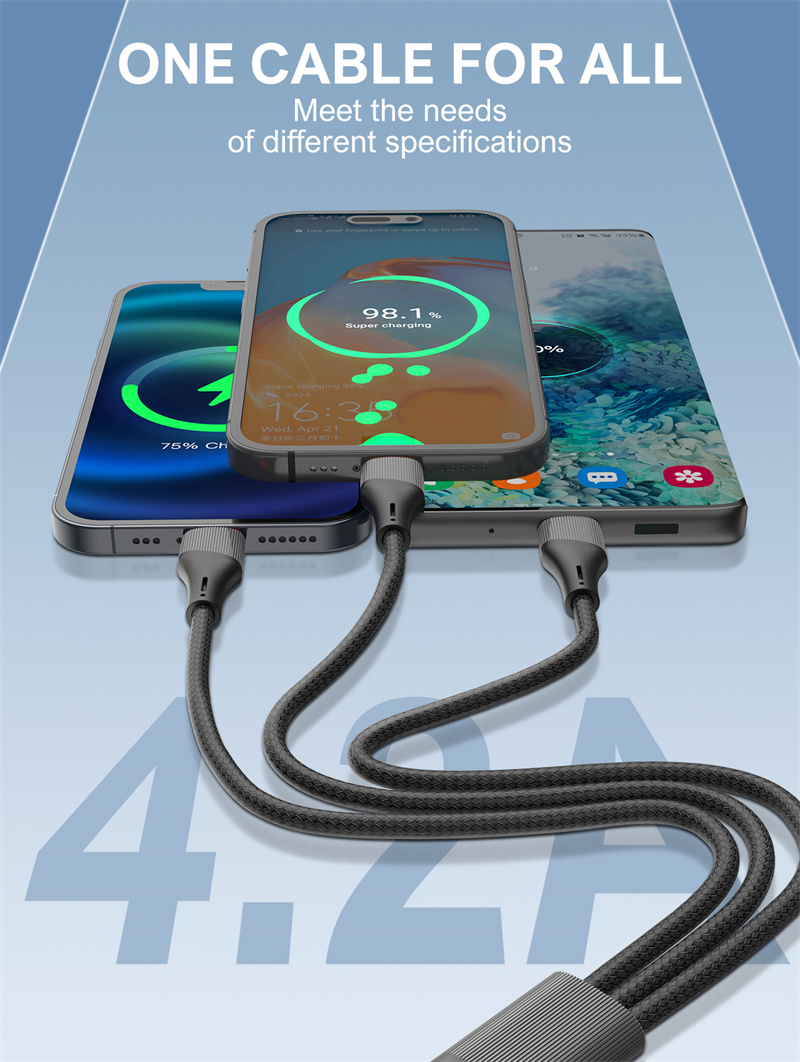 LDNIO LC96U 4.2A USB-A to iP/Micro/USB-C Cable Fast Charging Data Transmission Copper Core Line 1.2M Long for iPhone 16 15 14 Pro Max for Xiaomi MIX Fold4 for Huawei Mate XT for Samsung Galaxy Z Flip6