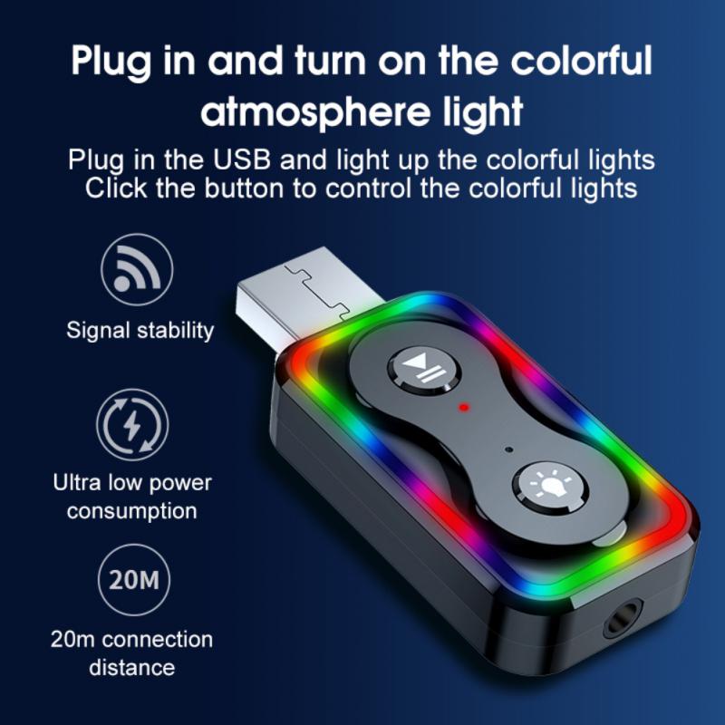 Q1 bluetooth 5.3 Audio Receiver Transmitter HiFi Sound Drivers-free 2-in-1 Car USB Adapter with Colorful Atmosphere Light for Mouse Keyboard