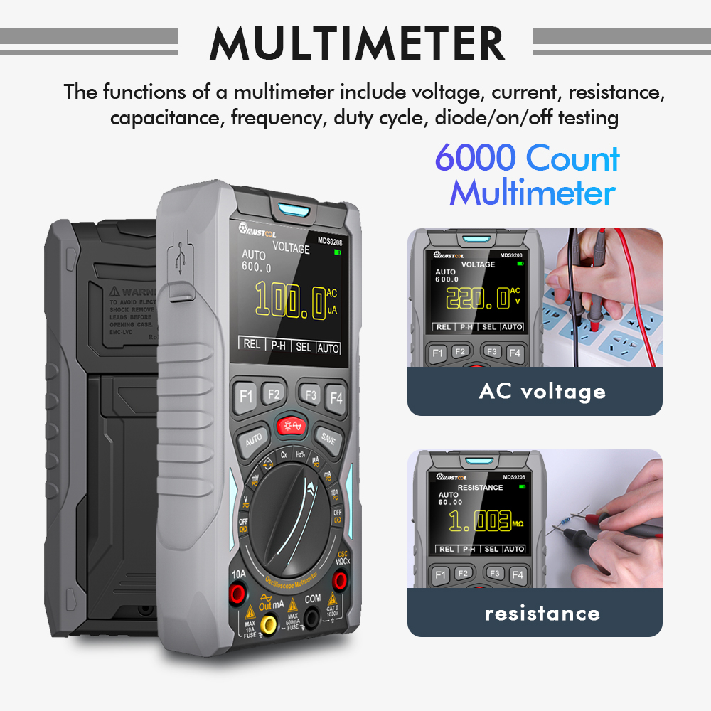 2023NEW MUSTOOL MDS9208 3In1 Oscilloscope Multimeter Signal Generator 12MHz 50Msps Portable High Storage Capacity Low Power Consumption
