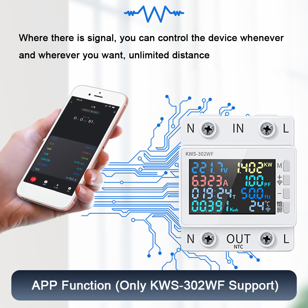 8in1 Power Meter Color Screen 2P Multi-function AC Energy Meter 170-270V/63A Voltage and Current Meter Standard Rail Mounting