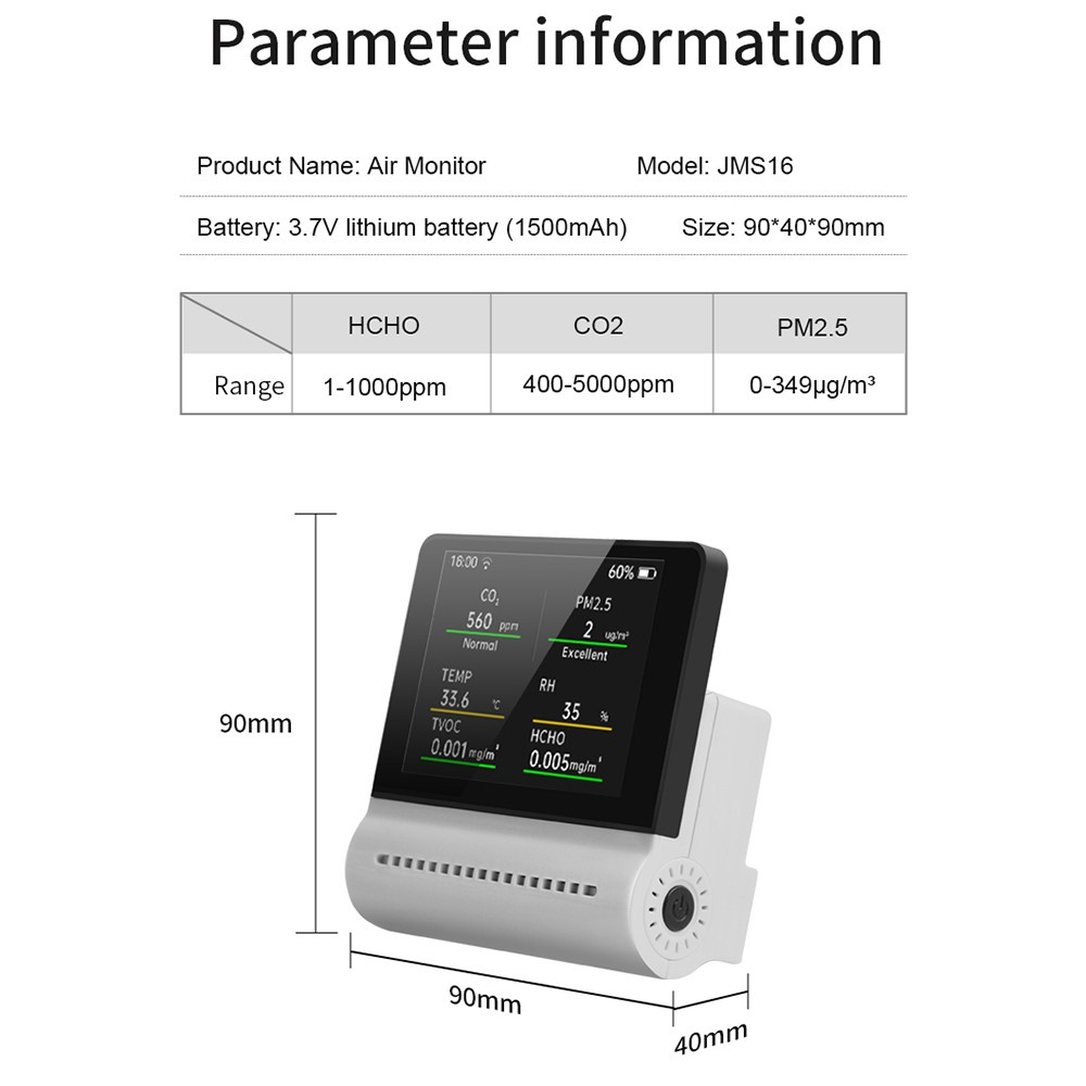 NOYAFA JSM16 5-in-1 Household Air Quality Monitor PM2.5/CO2/HCHO/TVOC Detector Temperature Humidity Tester