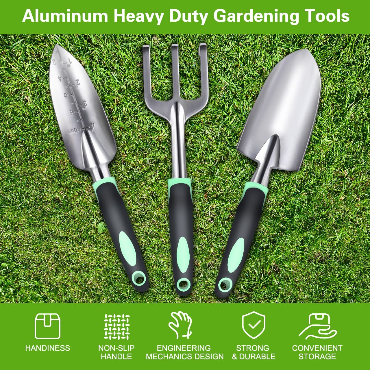 Garden Tool Set 3 Pack Aluminum Heavy Duty Gardening Kit Includes Hand Trowel Transplant Trowel and Cultivator Hand Rake with Soft Rubberized Non-Slip Ergonomic Handle Garden Gifts