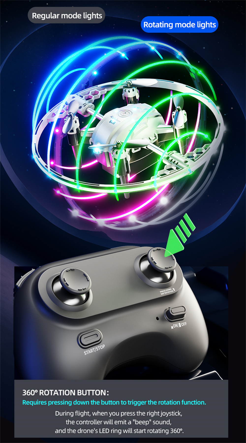 JJRC H131 AURORA BALL Stunt Light Ring 360° Spin Altitude Hold Mode RGB Color LED Circle Protection Kids Gifts 2.4G 4CH 6-Axis Remote Control RC Toys Drone Quadcopter RTF