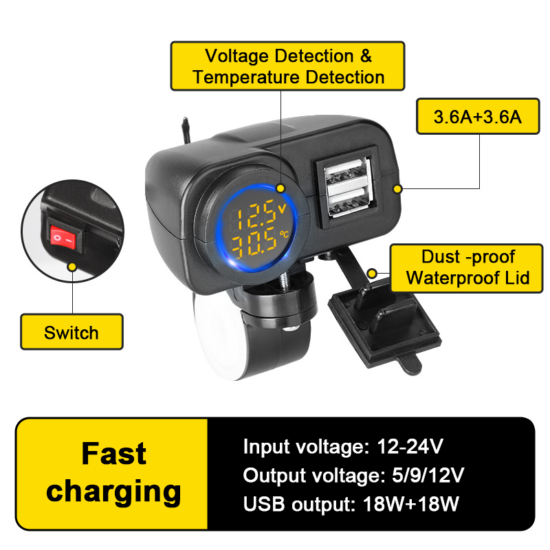36W QC3.0 Motorcycle Dual USB Charger Fast Charging Voltmeter Thermometer Digital Display Mobile Phone Charger Socket