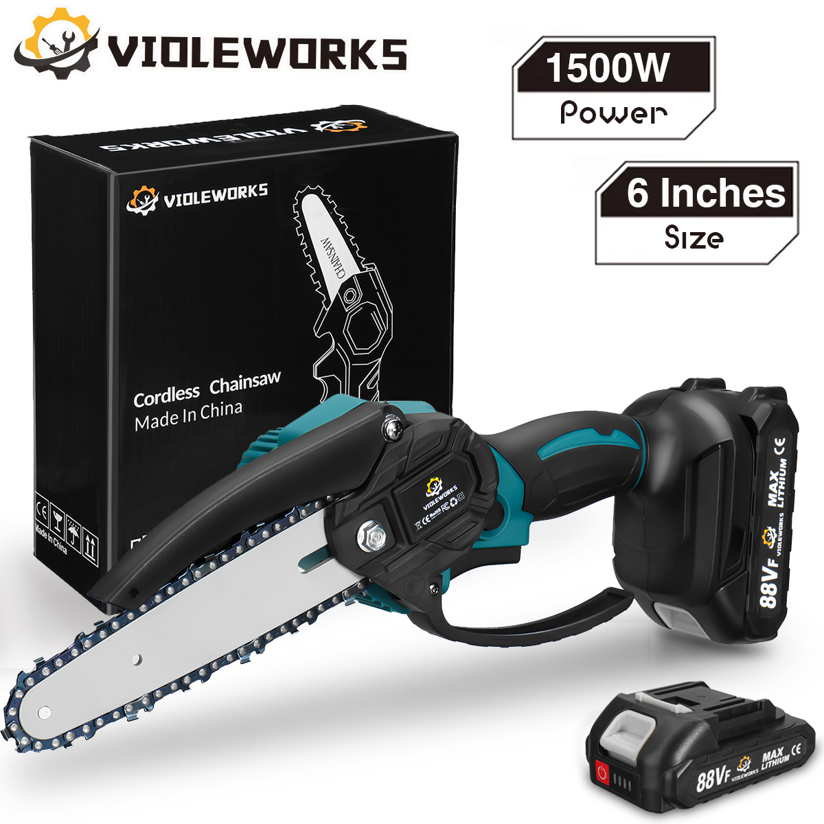 Tronconneuse élagueuse Sans Fil 120mm 6'' 2 Batterie 18V Scie à Buche Scie à Chaine Tronconneuse à Batterie élagueuse électrique Sans Fil VIOLEWORKS 1 Chargeur LCD Affichage 13 width=1200