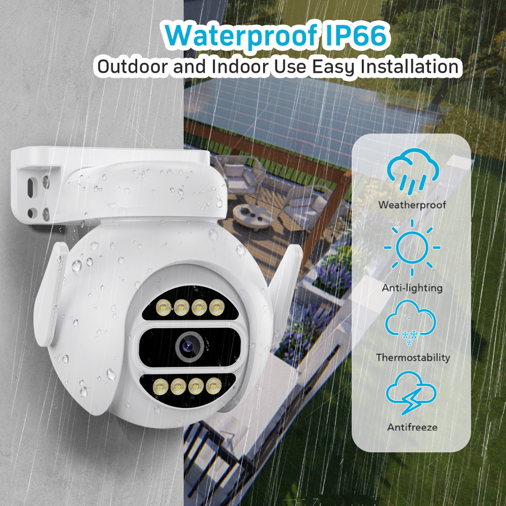 2MP Full HD Outdoor WiFi Network Camera Outdoors PTZ Color Night Vision Human Detection 2-way Audio IP66 Floodlight Cameras for Home Monitoring Security Precaution