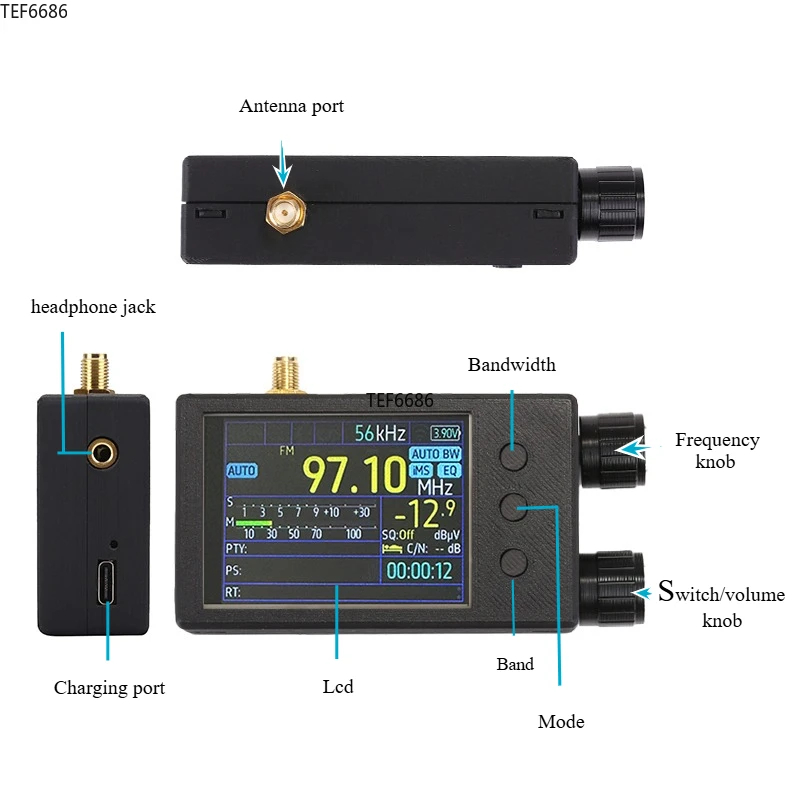 ミニポータブルTEF6686フルバンドFM/LW/MW/SWラジオレシーバーESP32