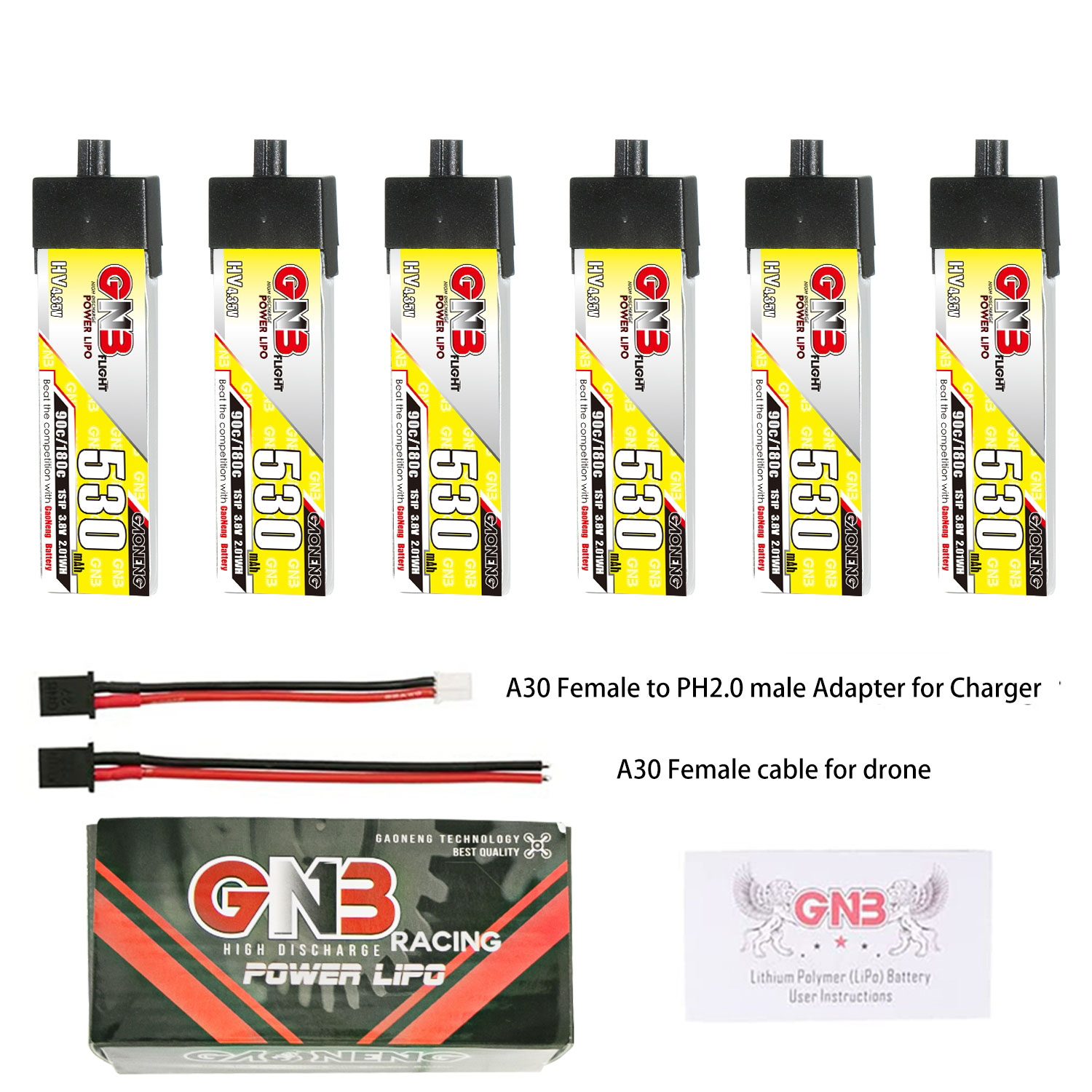 6Pcs Gaoneng 3.8V 530mAh 90C 1S LiHV Battery A30 Plug for Emax Tinyhawk S BetaFPV Beta75X