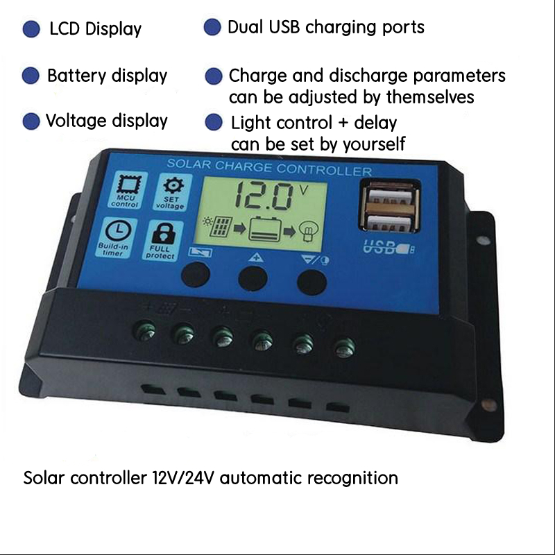 10A/20A/30A 12/24V LCD Display Photovoltaic Solar Controller with Dual USB Ports