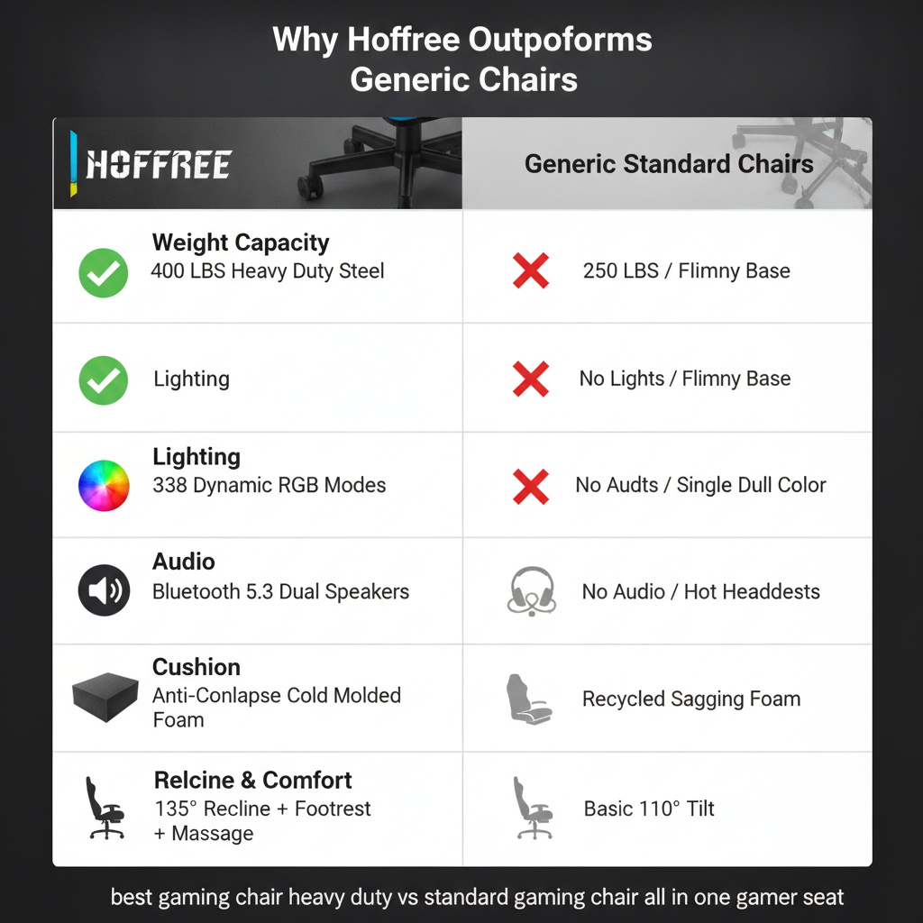 Hoffree RGB LED Gaming Chair Bluetooth Speaker Ergonomic Massage Lumbar High Back Recliner with Footrest 400lbs Heavy Duty Big Tall PU Leather Swivel Computer Desk Seat for Adults Hoffree