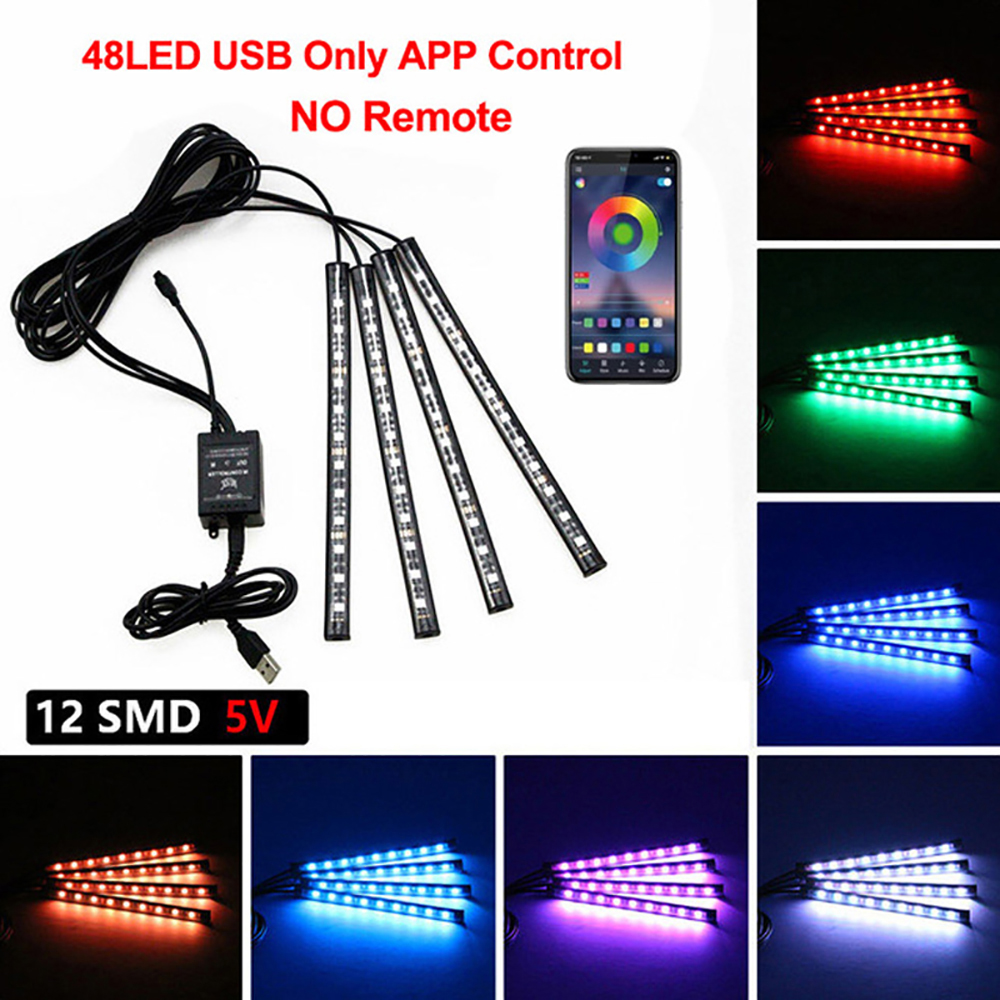 48 LED Car Interior Ambient Foot Strip Light Backlight Remote App Music Control Auto RGB Decorative Lamps