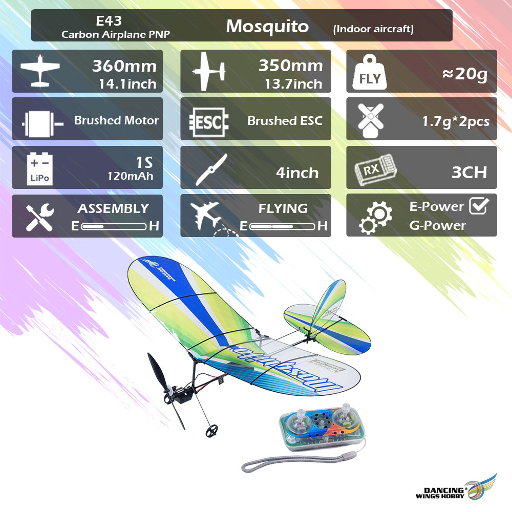 Dancing wings hobby e43 mosquito 360mm wingspan slow flyer indoor mini rc airplane pnp with dsmx/2 rx & tx combo 