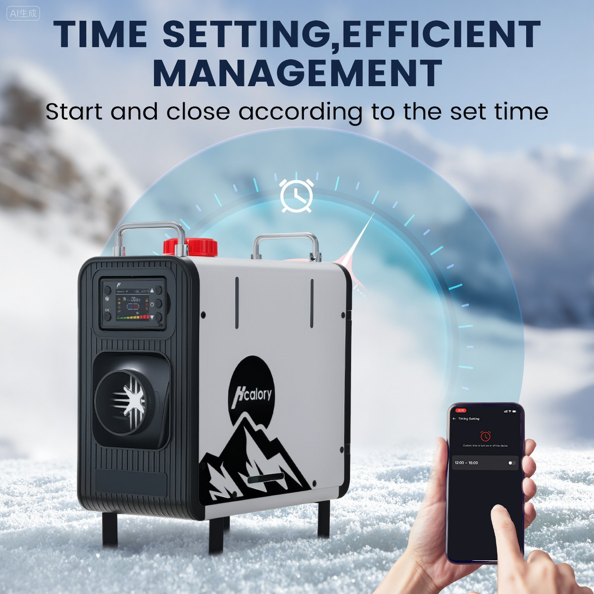 Smartphone screen showing the Hcalory app with options for Altitude Mode, Auto Start-Stop, Fan Mode, Temperature Setting, Multiple Timing Groups, and Gear Setting.