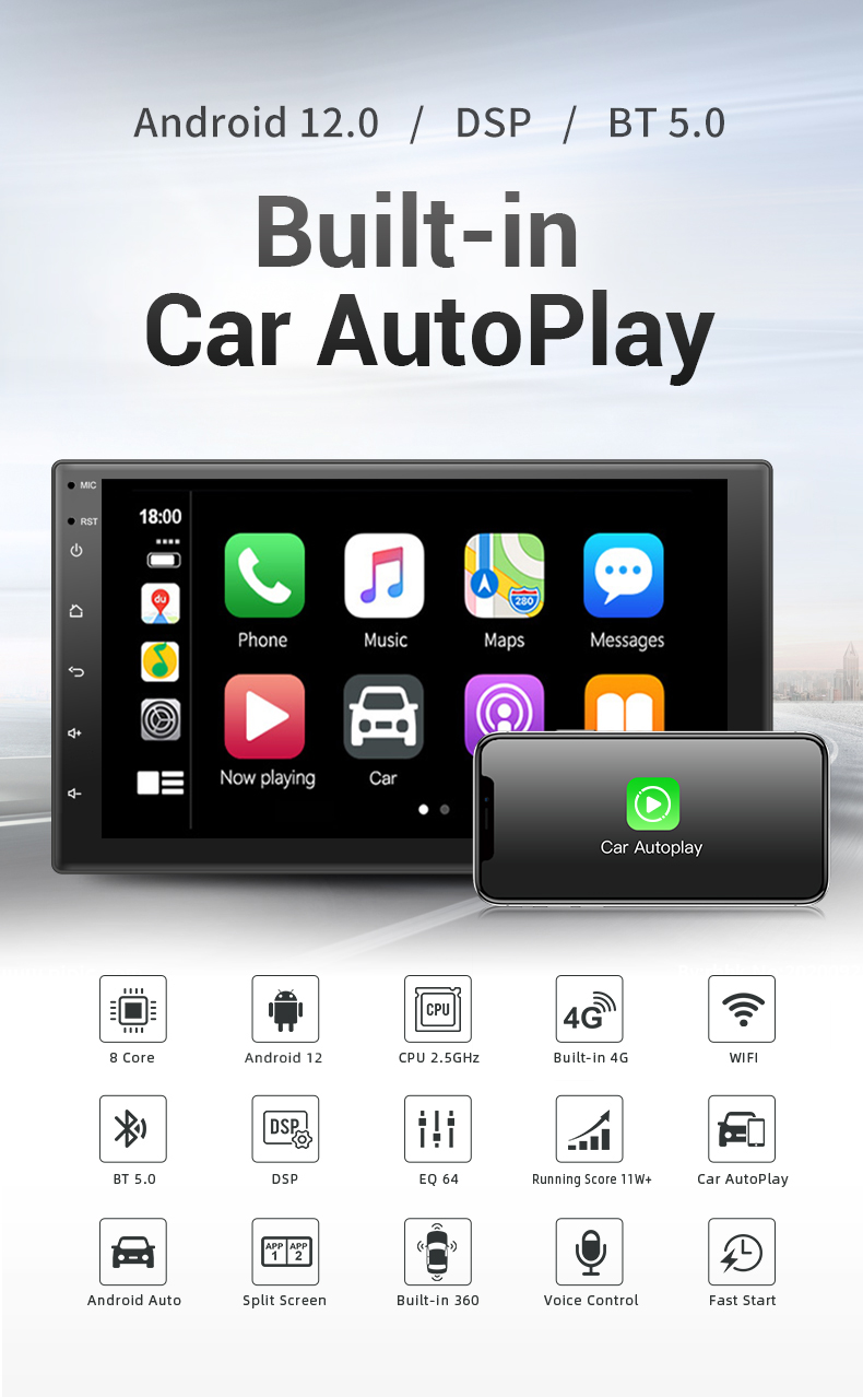 YUEHOO YH-D110-B 7 inch 360° Camera Android 12.0 Car Stereo Radio MP5 Player 2.5D IPS Screen 8 Core GPS DSP WIFI BT5.0