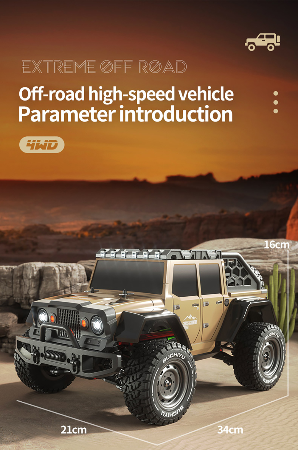 SCY 16104 1/16 2.4G 4WD RC Car Led Headlights High Speed Off Road Desert Truck Vehicle Models