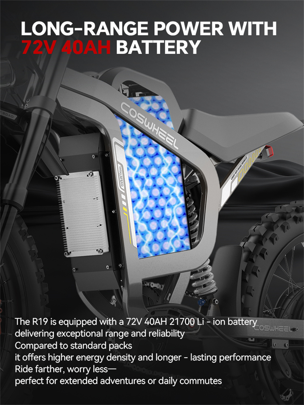 [USA DIRECT] COSWHEEL R19 Electric Bike 72V 40AH 3000W(Peak 6000W) Motor Recommended Top Speed 25KM/H Front Tires: 70/100-19,Rear Tires: 80/100-19 Tire 200KM Max Mileage 120KG Max Load Electric Bicycle