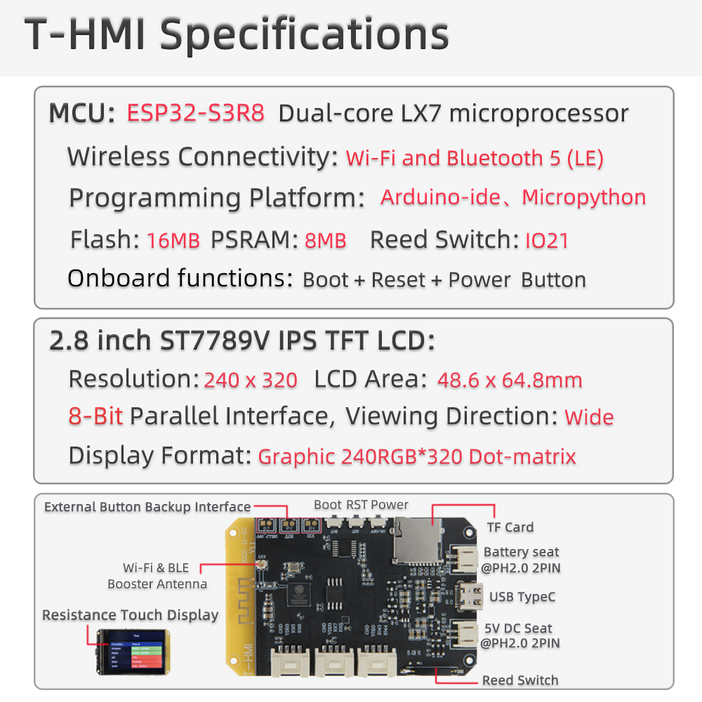 LILYGO T-HMI ESP32-S3 2.8 inch Resistive Touch Screen Support TF WIFI bluetooth Development Board