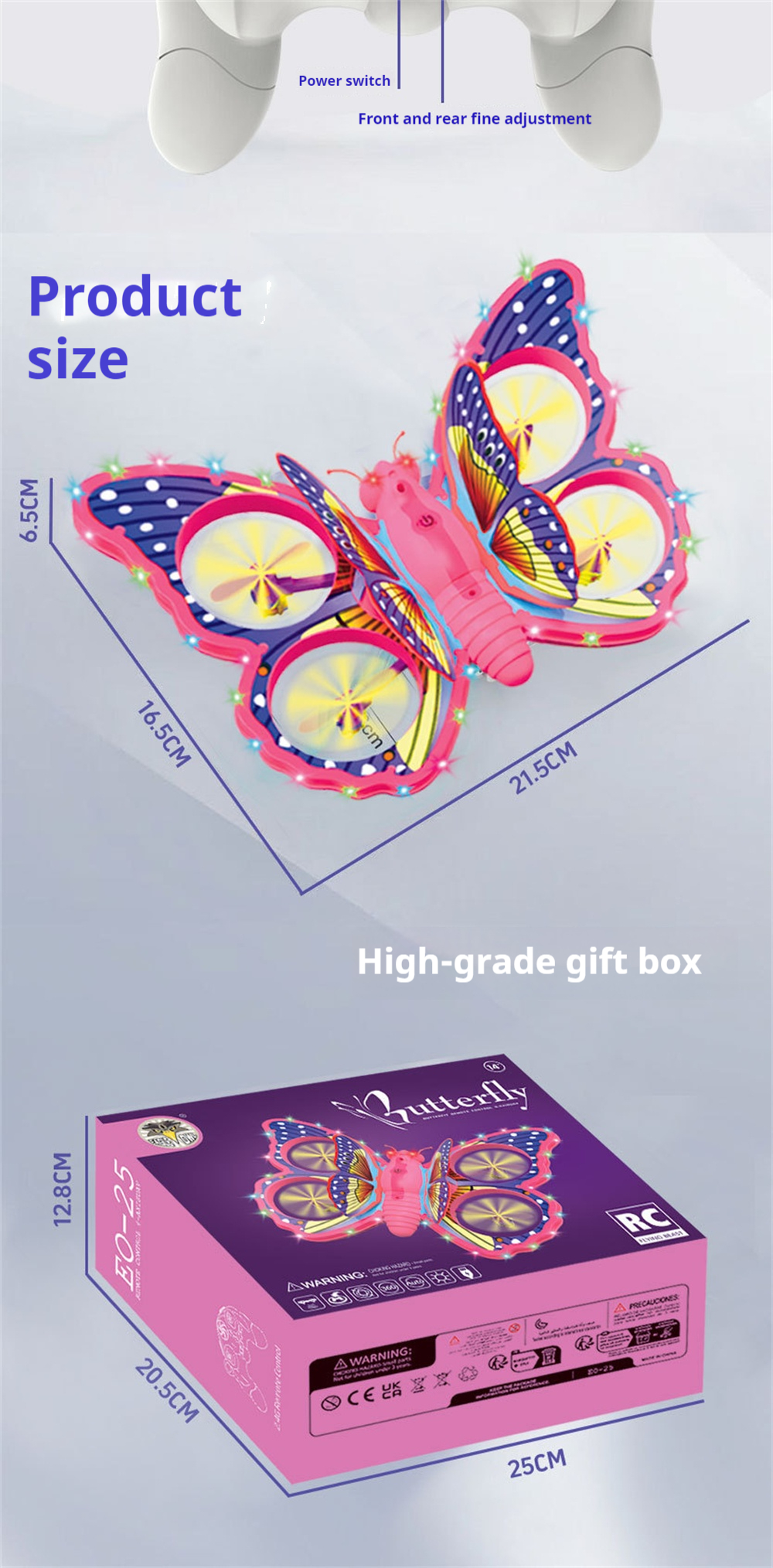 E0-25 Flying Glitter Butterflying Intelligent Gravity Sensor Obstacle Altitude Hold Mode 360° Filp Colorful LED Lighting 2.4G 4CH RC Toys Kids Gift Drone Quadcopter RTF